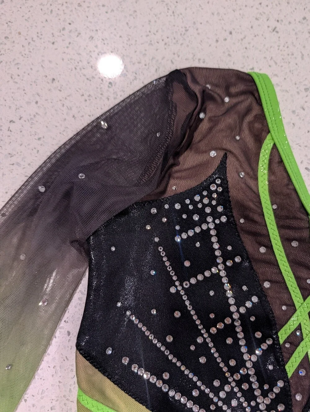 COMPETITION GK Elite Large Gymnastics Dance Leotard Neon Green 3/4 slv SWAROVSKI